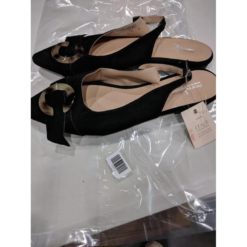 Riccardo Boccia black suede slingback flats with a tortoise-shell buckle